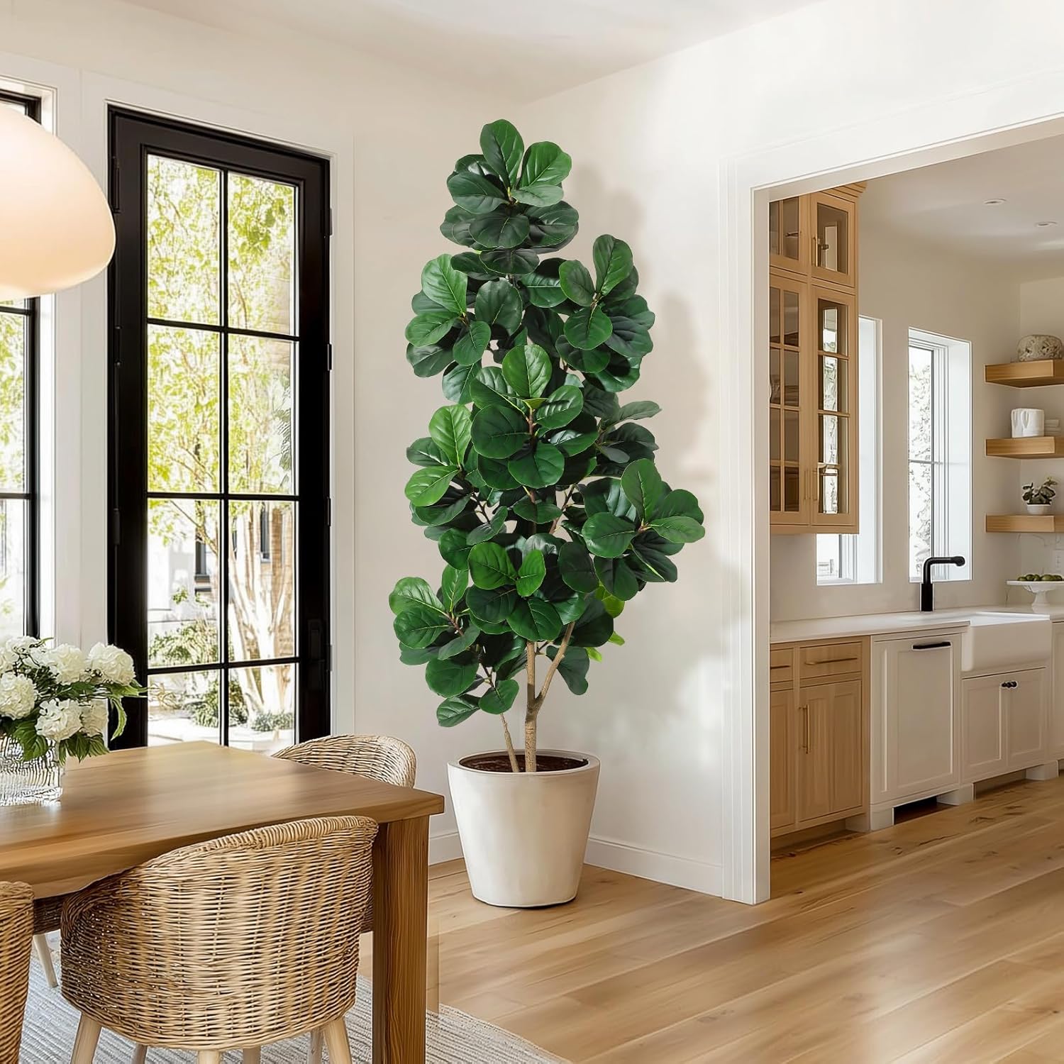 Fiddle Leaf Fig - 4FT/5FT/6FT/7FT フィドルリーフイチジクの木 人工葉付き、リアルなフェイクフィカスリラータツリー ホワイトプランターポット、家の装飾