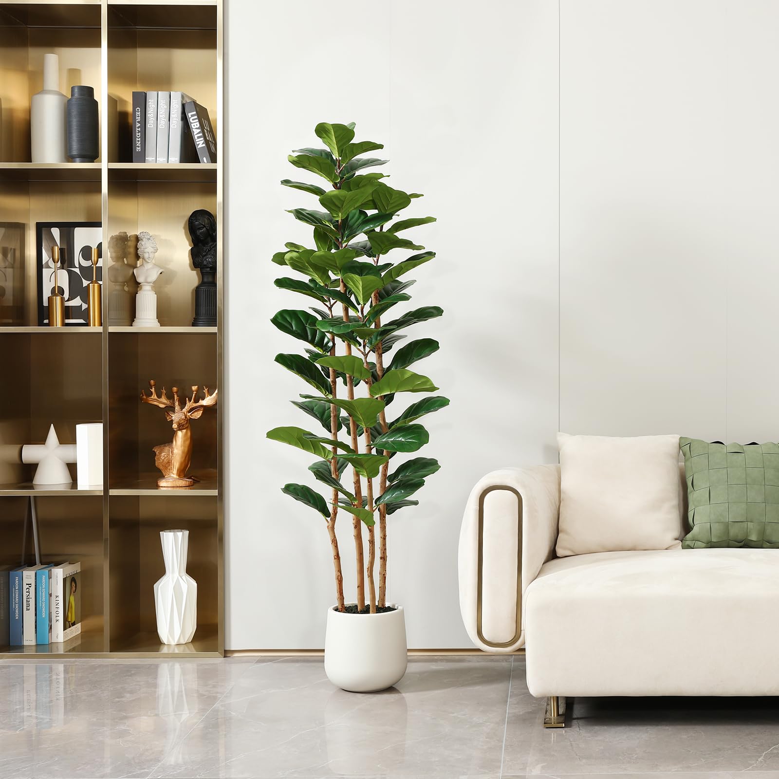 白いプランター付きの人工フィドルリーフフィギュアムツリー。高 - Fiddle Leaf Fig のレビューと価格